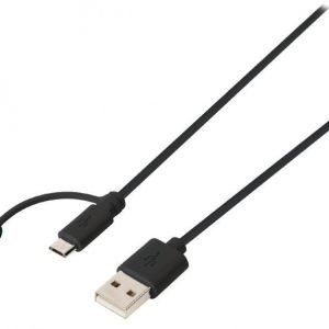 2-in-1-synkronointi- ja latauskaapeli USB 2.0 A -urosliitin Micro B -urosliitin Lightning-sovitin liitettynä 1 00 m musta