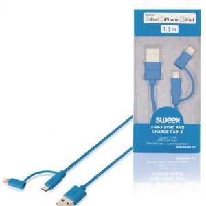 2-in-1-synkronointi- ja latauskaapeli USB 2.0 A -urosliitin Micro B -urosliitin Lightning-sovitin liitettynä 1 00 m sininen