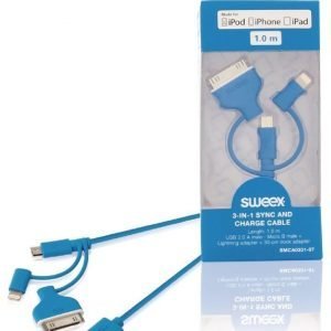 3-in-1-synkronointi- ja latauskaapeli USB 2.0 A -urosliitin Micro B -urosliitin Lightning-sovitin ja 30-nastainen telakkasovitin liitettynä 1 00 m sininen