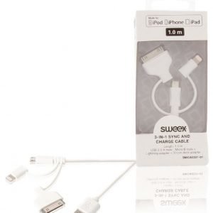 3-in-1-synkronointi- ja latauskaapeli USB 2.0 A -urosliitin Micro B -urosliitin Lightning-sovitin ja 30-nastainen telakkasovitin liitettynä 1 00 m valkoinen