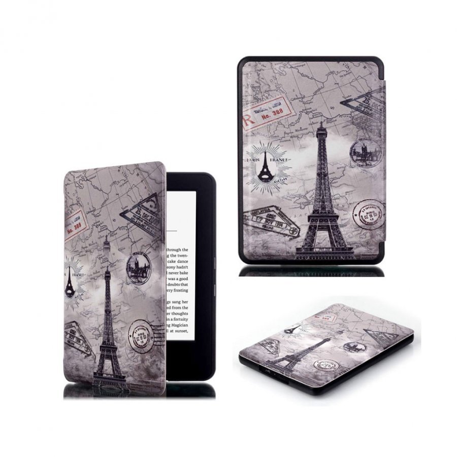 Amazon Kindle 2016 Kuvioitu Nahkakotelo Läpällä Eiffel Torni Ja Kartta