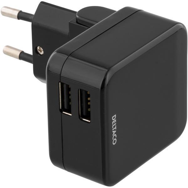 DELTACO Seinälaturi 230V 5V USB 2 1A 2xUSB-porttia musta