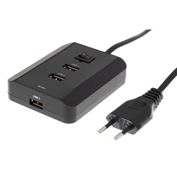 DELTACO Seinälaturi 230V 5V USB 3A 3xUSB-porttia musta