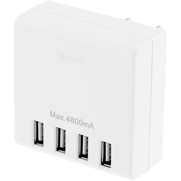 DELTACO Seinälaturi 230V 5V USB 4 8A 4xUSB valkoinen