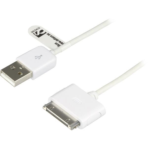 DELTACO USB-synkronointi/lataukaapeli iPhone iPod ja iPad laitteille 2 m valkoinen