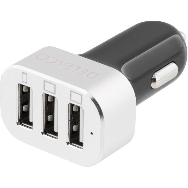 DELTACO autolaturi 3x USB-portt 12-18V 5V 5 1A USB musta/hopea