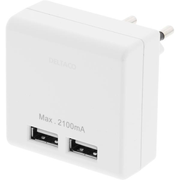 DELTACO seinälaturi 230V 5V USB 2xUSB-porttia valkoinen