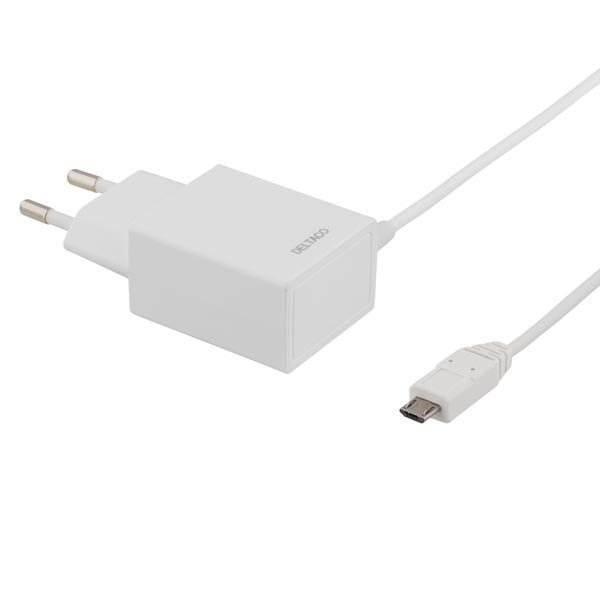 DELTACO seinälaturi 230V AC 5V DC 1A 1x USB Micro 2m valkoinen