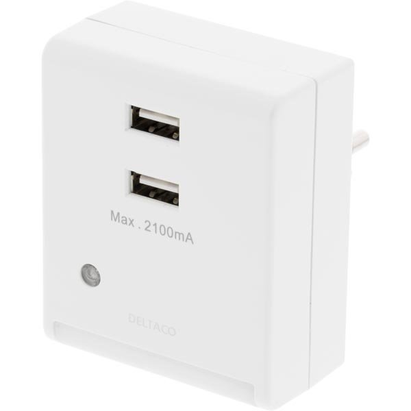 DELTACO seinälaturi valosensorilla 230V 5V USB 2xUSB-porttia valk