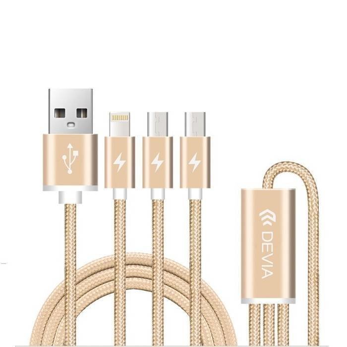 Devia 3in1 Tyyppi-C USB / Lightning / Micro-USB punottu kaapeli 1.2m Hopea