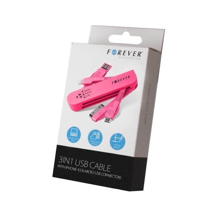 Forever 3in1 USB kaapeli Dock-liitin iPhone 4 & Lightning iPhone 5 & micro USB Pinkki