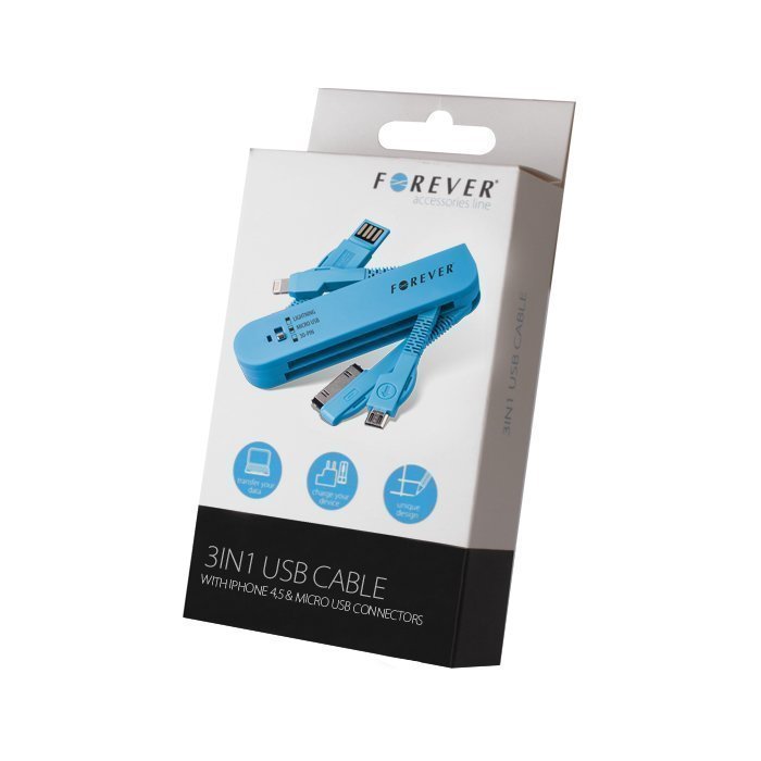 Forever 3in1 USB kaapeli Dock-liitin iPhone 4 & Lightning iPhone 5 & micro USB Sininen