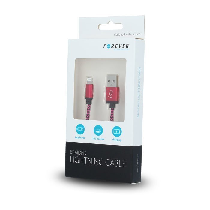 Forever Braided punottu kestävä USB Lightning lataus- ja synkronointikaapeli puhelimiin 1m Pinkki