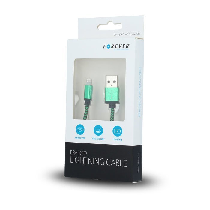 Forever Braided punottu kestävä USB Lightning lataus- ja synkronointikaapeli puhelimiin 1m Vihreä