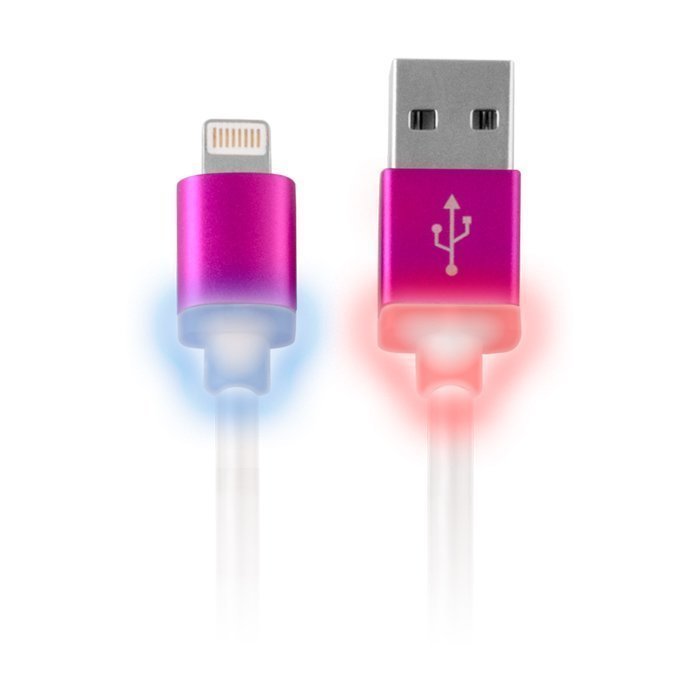 Forever Litteä USB Lightning kaapeli lataus- ja synkronointikaapeli LED valoilla Pinkki