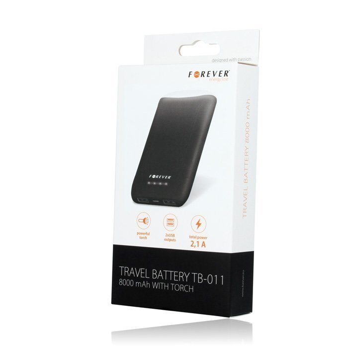 Forever TB-011 Power Bank 8000 mAh vara-akku Taskulampulla Musta