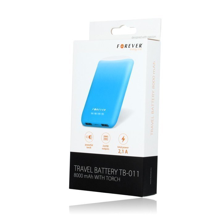 Forever TB-011 Power Bank 8000 mAh vara-akku Taskulampulla Sininen