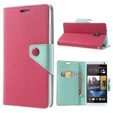 HTC Desire 700 Dual Sim Two-Tone Wallet Nahkakotelo Syaani / Kuuma Pinkki