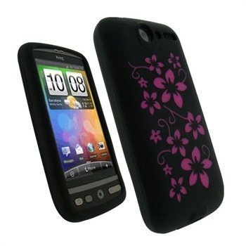 HTC Desire iGadgitz Flower Design Silikoni Kotelo Vaaleanpunainen/Musta