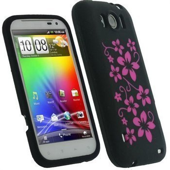 HTC Sensation XL iGadgitz Flowers Silikonikuori Musta / Vaaleanpunainen