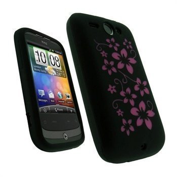 HTC Wildfire iGadgitz Flower Design Silikoni Kotelo Vaaleanpunainen/Musta