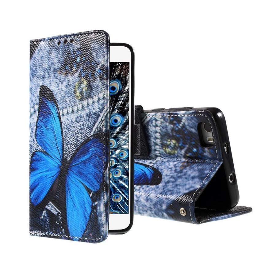 Holberg Huawei Honor 6 Nahkakotelo Magneetilla Ja Standillä Sininen Perhonen