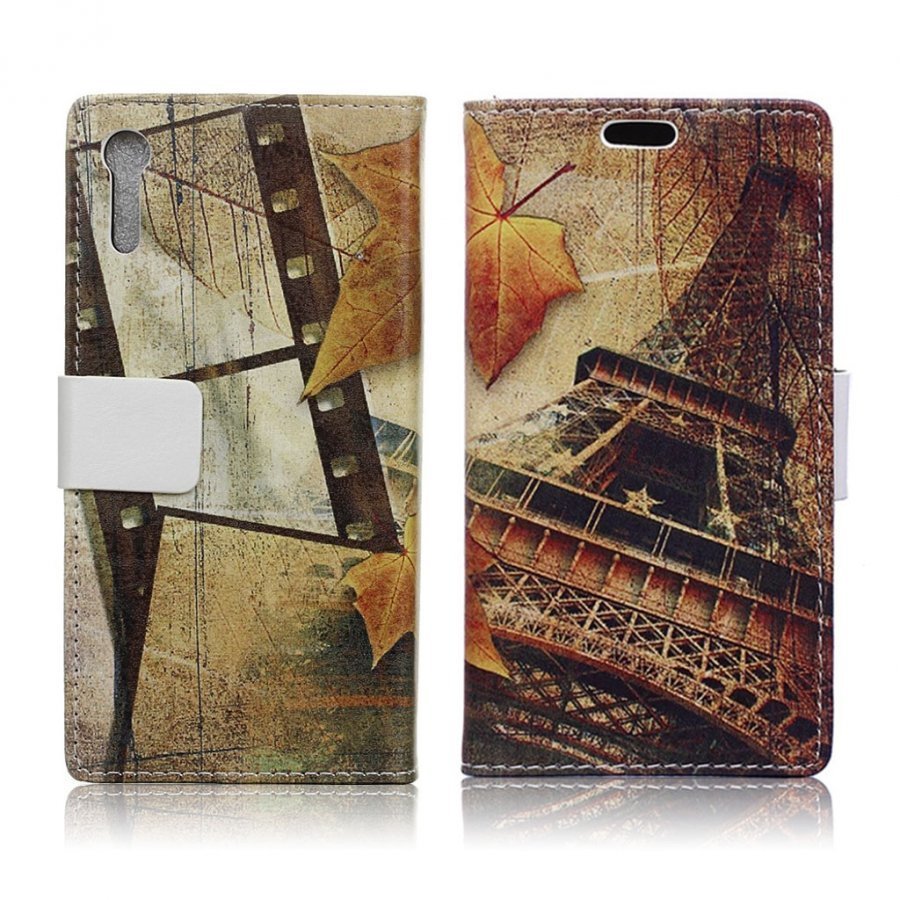 Holberg Sony Xperia Xz Nahkakotelo Läpällä Vaahteran Lehdet Ja Eiffel Torni