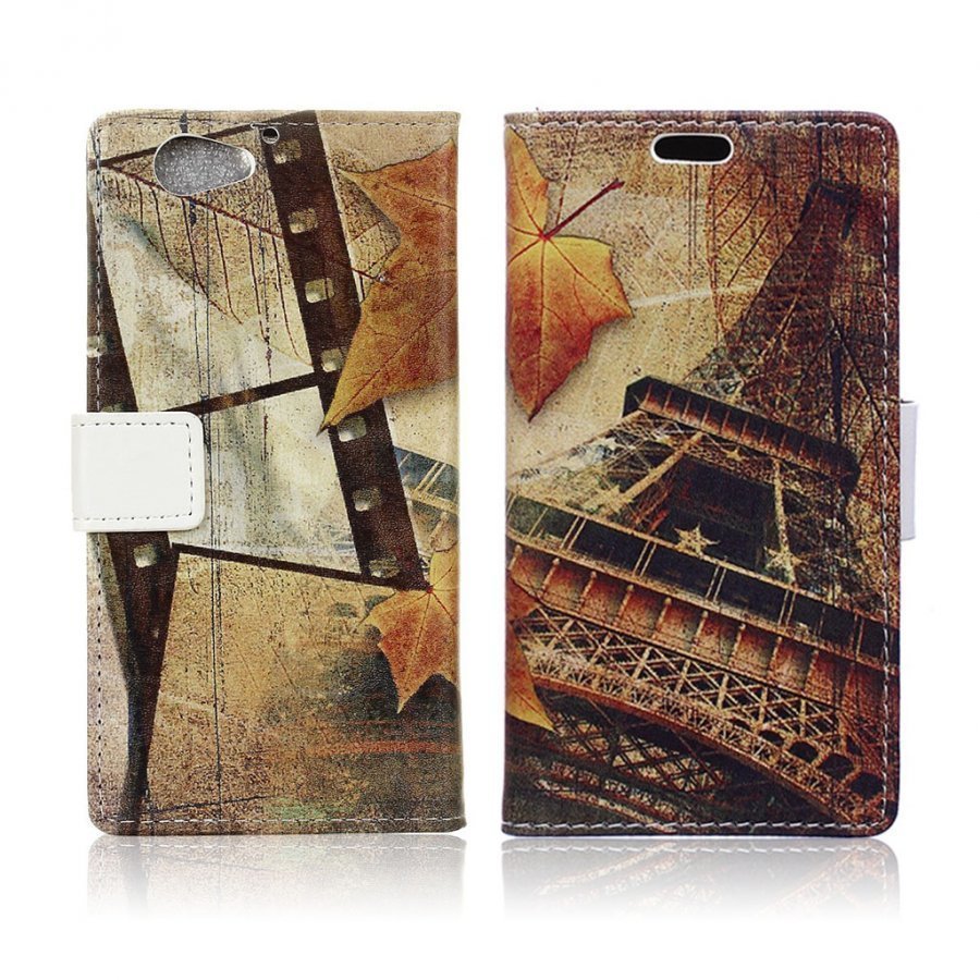 Htc A9s Nahkakotelo Painetulla Kuviolla Eiffel Torni Ja Vaahteran Lehdet