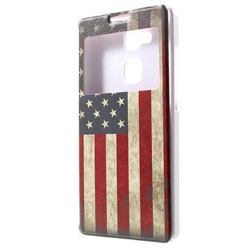 Huawei Ascend Mate7 Slim View Folio Nahkainen Suojakotelo Vintage American Flag