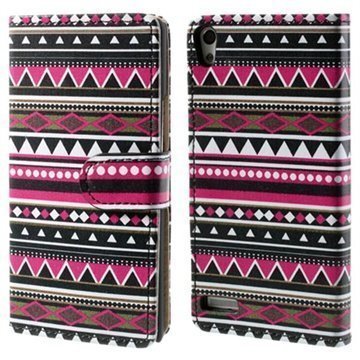 Huawei Ascend P6 Tribal Wallet Nahkakotelo Kuuma Pinkki / Musta / Valkoinen