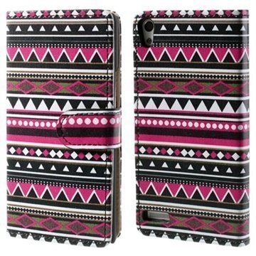 Huawei Ascend P6 Tribal Wallet Nahkakotelo Kuuma Pinkki / Musta / Valkoinen