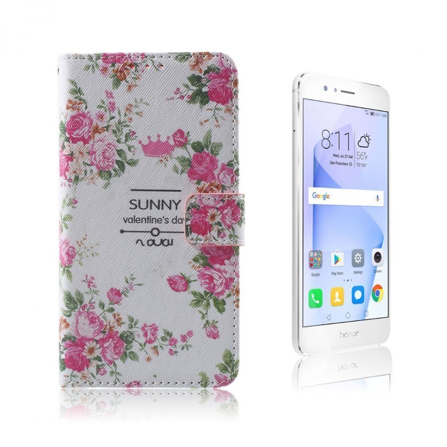 Huawei Honor 8 Nahkakotelo Korttitaskuilla Kukkivat Ruusut