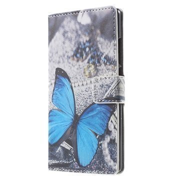 Huawei P8 Tyylikäs Lompakkokotelo Sininen Perhoset