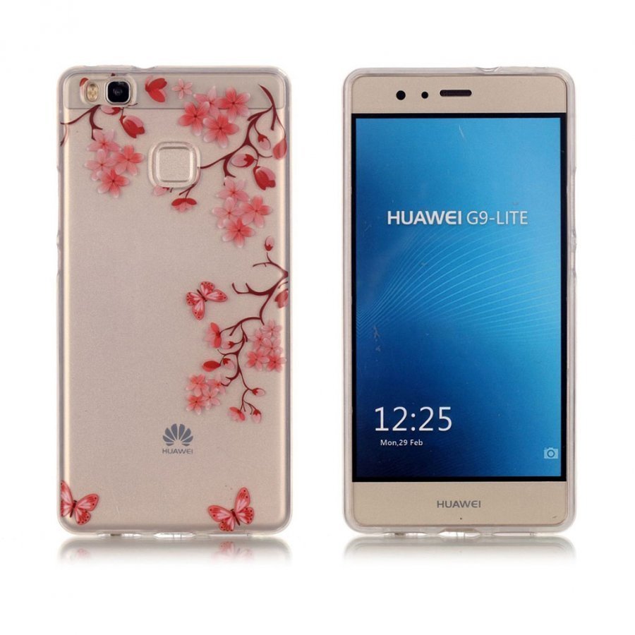 Huawei P9 Lite Joustava Kirkas Muovikuori Punaisia Kukkia Ja Perhosia