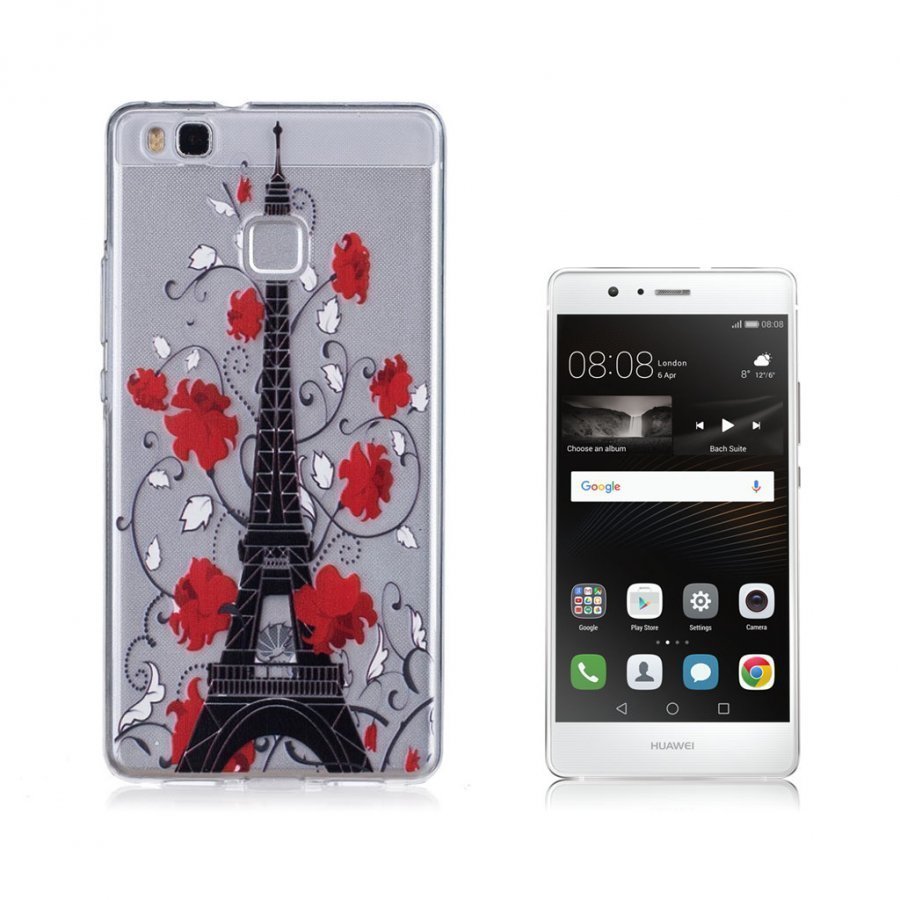 Huawei P9 Lite Kohokuvioitu Ohut Kuori Punainen Kukka Ja Eiffel Torni