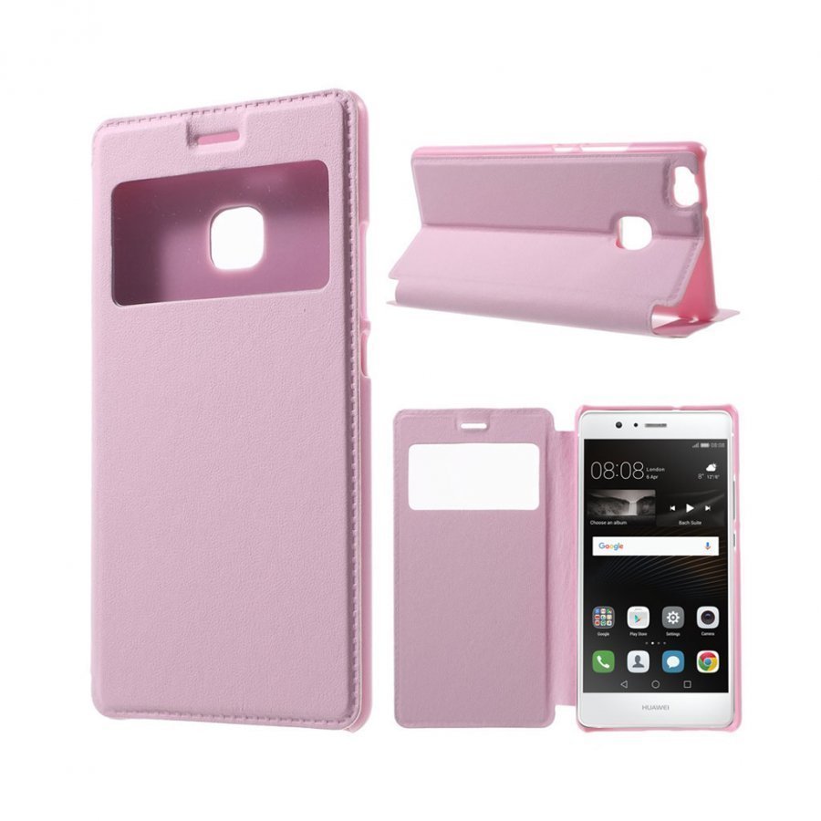 Huawei P9 Lite Nahkakotelo Ikkunalla Ja Standillä Pinkki