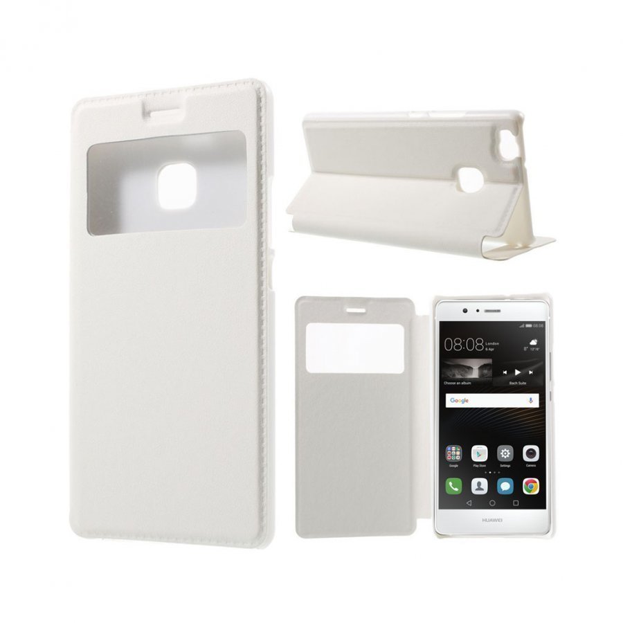 Huawei P9 Lite Nahkakotelo Ikkunalla Ja Standillä Valkoinen