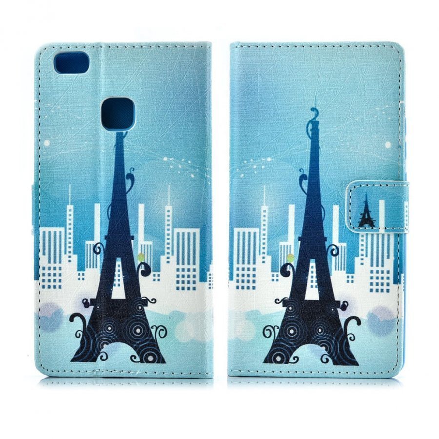 Huawei P9 Lite Suojaava Nahkakotelo Lompakko Piirretty Eiffel Torni