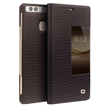 Huawei P9 Plus Qialino Smart View Flip Case Grid Texture Brown