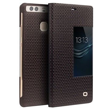 Huawei P9 Qialino Smart View Flip Case Grid Texture Brown