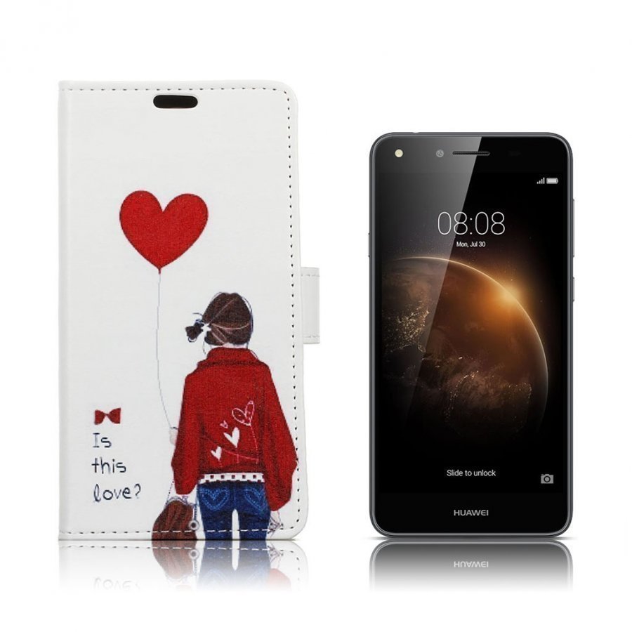 Huawei Y6ii Compact Kuviollinen Nahkakotelo Läpällä Tyttö Ja Sydän Ilmapallo