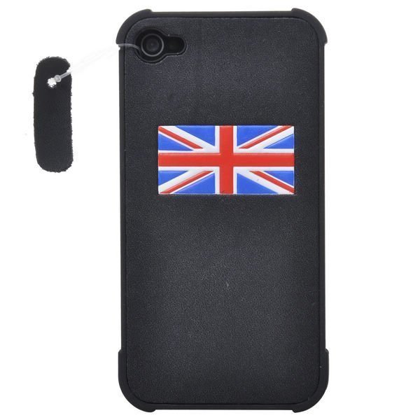 Iphone 4 / 4s Iso-Britannian Lippu Suojakuori Aito Nahka Päällyste Musta