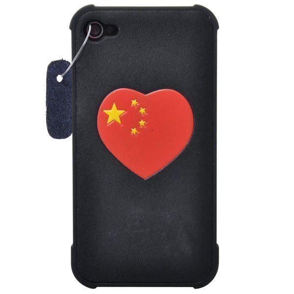 Iphone 4 Kiinan Lippu Suojakuori Aito Nahka Päällyste Musta