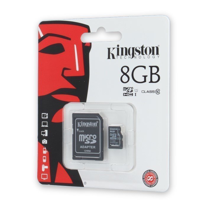 Kingston 8GB microSDHC Class 10 UHS-I 45MB/s Lukunopeus muistkortti ja SD Sovitin