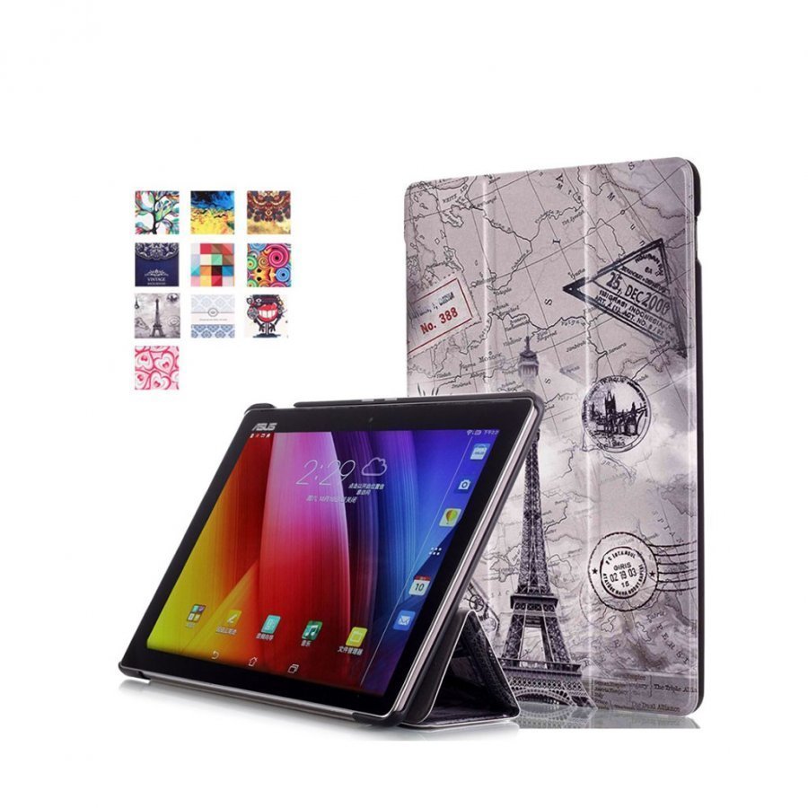 Moberg Asus Zenpad 10 Nahkakotelo Standillä Eiffel Torni Ja Kartta