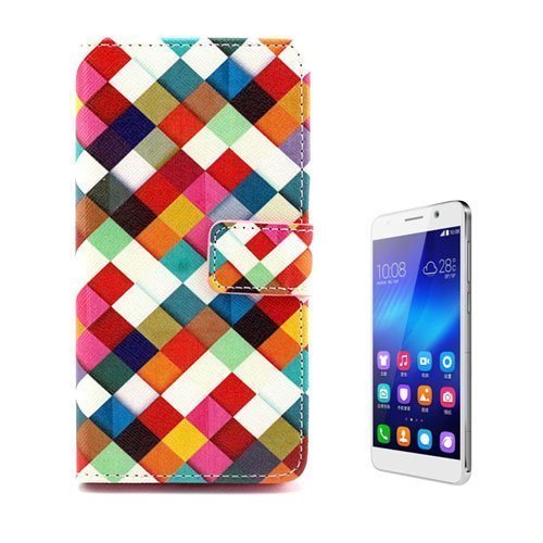Moberg Huawei Honor 6 Nahkakotelo Standillä Värikkäät Ruudukot