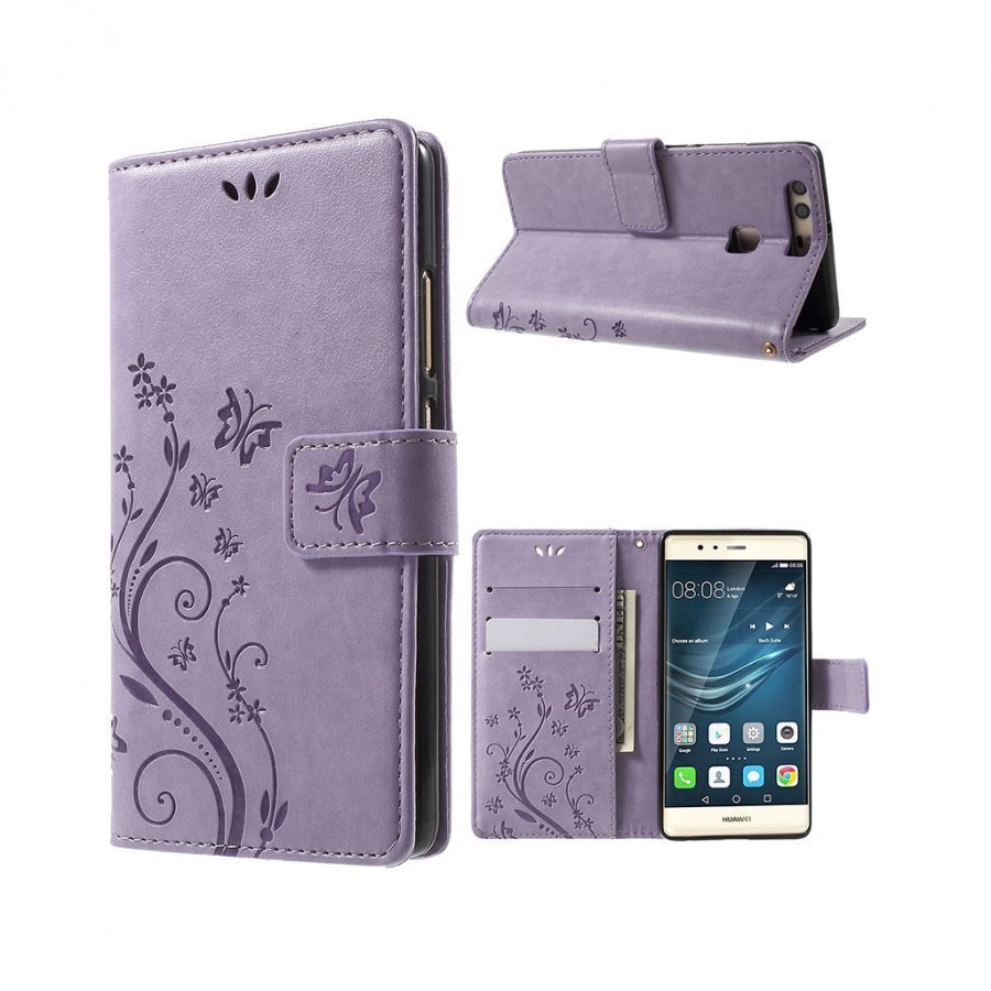 Moberg Läpällinen Nahkakotelo Lompakko Perhoskuviolla Huawei P9 Puhelimelle Violetti