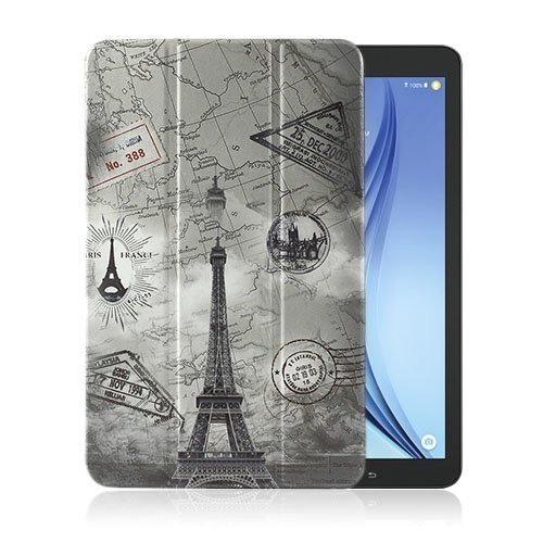 Moberg Samsung Galaxy Tab E. 9.6 Kolmesti Taittuva Nahkakotelo Standillä Eiffel Torni Ja Kartta