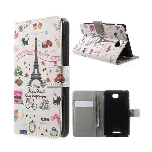 Moberg Sony Xperia E4 Nahkakotelo Korttitaskuilla Sarjakuva Paris