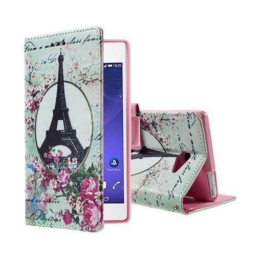 Moberg Sony Xperia M2 Aqua Nahkakotelo Standillä Eiffel Torni Ja Kukkia